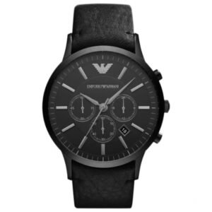Emporio Armani Sportivo Chronograph Black Dial Black Leather Strap Watch For Men - AR2461