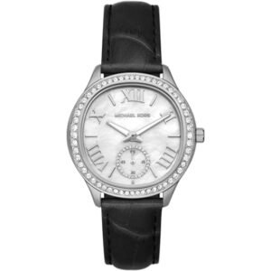 Michael Kors Sage Three-Hand Mother of Pearl White Dial Black Leather Strap Watch for Women - MK4821