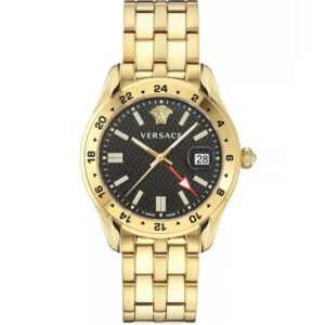 Versace Men’s GRECA GMT Quartz Swiss Made Gold Stainless Steel Black Dial 41mm Watch VE7C00723
