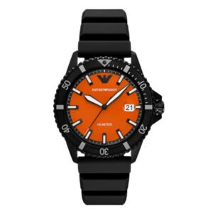 EMPORIO ARMANI World Explorer Black Silicone Strap Orange Dial Quartz Watch for Gents - A11684