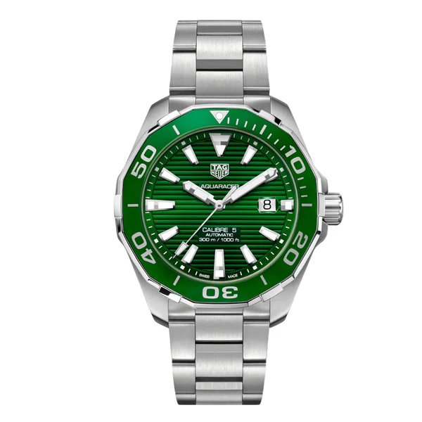 Tag Heuer Aquaracer Calibre 5 Silver Stainless Steel Green Dial Automatic Watch for Gents- WAY201S.BA0927