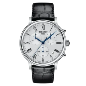 Tissot Carson Premium Black Leather Strap Silver Dial Chronograph Quartz Watch for Gents - T122.417.16.033.00